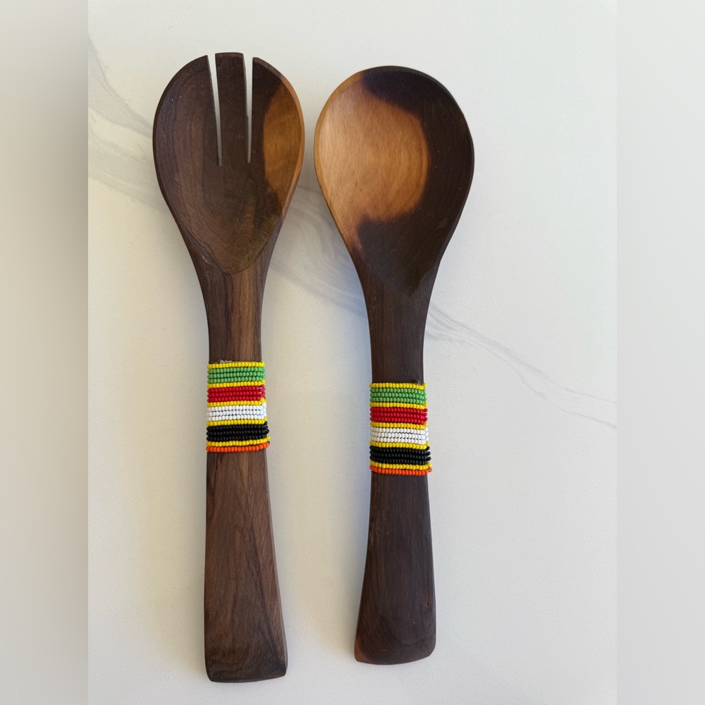 African Wooden Salad Servers with Beaded Handles Set